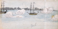 Original title:  Looking s. towards Gibralter Point, showing firing of salute.; Author: Simcoe, Elizabeth Posthuma (Gwillim) (1762-1850); Author: Year/Format: 1793, Picture