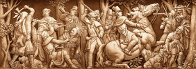 Titre original&nbsp;:    Description Location : Frieze of the Rotunda of the United States Capitol "Death of Tecumseh" - Tecumseh, a brilliant Indian chief, warrior, and orator, is shown being fatally shot by Colonel Johnson at the Battle of the Thames in Upper Canada during the War of 1812. Tecumseh and his followers joined forces with the British to resist the encroachment of settlers on Indian territory. With Tecumseh's death, however, the momentum and power of the Indian confederacy was broken. Date Source Architect of the Capitol information webpage [1] Author Architect of the Capitol Permission (Reusing this file) Public domain, work of the United States federal government


