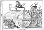 Original title:    Description English: Political cartoon by John Wilson Bengough shoes the Conservative majority in Canada's House of Commons as a steamroller. Macdonald uses his parliamentary majority to roll to victory over Liberal leader Edward Blake. Date 1884(1884) Source The Grip, March 8, 1884, available here Author John Wilson Bengough, died 1923

