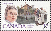 Original title:  Dr. Emily Howard Stowe
Date of issue of stamp: March 4, 1981
Designed by: Dennis Goddard, based on a painting by Muriel Wood
The stamp shows the portrait of Dr. Stowe along with a vignette which is symbolic of her work as a feminist as well as that of a medical doctor. The background image is the Toronto General Hospital. 