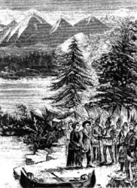 Original title:  Meeting of Marie-Anne and Jean-Baptiste Lagimodière with First Nations people, c. 1807