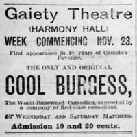 Titre original&nbsp;:  Advertisement for a Cool Burgess show. From: Ottawa Daily Citizen, 26 Nov 1891, Page 3. 