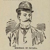 Titre original&nbsp;:  "Birchall in Canada" from Birchall : the story of his life, trial, and imprisonment, as told by himself ; profusely illustrated by Reginald Birchall. National Pub. Co., 1890. Source: https://archive.org/details/birchallstoryofh00birc/page/n19/mode/2up 