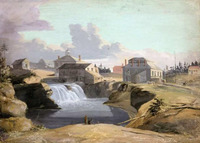 Original title:  Henry DuVernet. A View of the Mill and Tavern of Philemon Wright at the Chaudière Falls, Hull, on the Ottawa River, Lower Canada, 1823. Library and Archives Canada. 