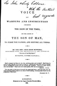 Original title:  Title page of "A voice of warning and instruction concerning the signs of the times, and the coming of the Son of Man to judge the nations and restore all things" by Adam Hood Burwell, 1835. Source: https://archive.org/details/cihm_21512/page/n5/mode/2up 