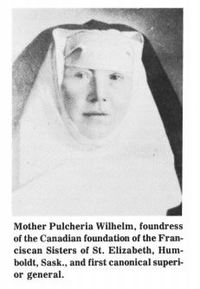 Titre original&nbsp;:  Mother Pulcheria Wilhelm, foundress of the Canadian foundation of the Franciscan Sisters of St. Elizabeth, Humboldt, Sask., and first canonical superior general. 
From: "75 Years of Caring: Commemorating the 75th Anniversary of the foundation in Canada of the Franciscan Sisters of St. Elizabeth and the founding of St. Elizabeth’s Hospital, Humboldt, Saskatchewan, 1911-1986" from Courtesy of the Archives of the
Franciscan Sisters of St. Elizabeth. Digitized 2006 as part of "The Great Canadian Catholic Hospital History Project". Source: Catholic Health Alliance of Canada - https://www.chac.ca/about/history/books/sk/Humboldt_St.%20Elizabeth%27s%20Hospital.pdf. 

