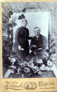 Original title:  Peter and Anna Regier. 
Date(s) [1890?].
Photography by H. Schreiber.
Source: Mennonite Heritage Archives CA MHC PP-Photo 131-1.0. 