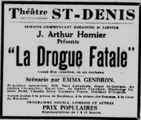 Original title:  Notice in La Patrie (19 janvier 1924, page 31): J. Arthur Homier Présente "La Drogue Fatale". 
Source: https://numerique.banq.qc.ca/patrimoine/details/52327/4321110 