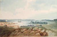 Original title:  Fort (or Port?) Collier, from the North North West, and Drummond Island, Lake Huron.; Author: WOOLFORD, JOHN ELLIOTT (1778-1866); Author: Year/Format: 1821, Picture