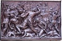 Original title:  Mort héroïque de Dollard au Long Sault. TAONDECHOREN est au nombre de ses compagnons. Bas-relief de Louis-Philippe Hébert, 1895, Monument à Maisonneuve, Place d'Armes, Montréal.