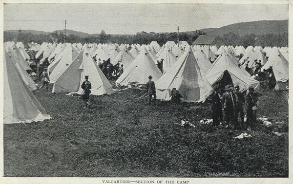 Titre original&nbsp;:    Description English: Postcard of the Valcartier military base. Due to the site's proximity to the Quebec City harbour, Valcartier was hastily set up as a military camp upon the commencement of the First World War, ultimately becoming the largest military base on Canadian soil during the war and serving as the main embarkation point for troops headed to Europe. Date circa 1914(1914) Source This image is available from the Bibliothèque et Archives nationales du Québec under the reference number P547S1SS1SSS1D513P019R This tag does not indicate the copyright status of the attached work. A normal copyright tag is still required. See Commons:Licensing for more information. Boarisch | Česky | Deutsch | Zazaki | English | فارسی | Suomi | Français | Magyar | Македонски | Nederlands | Português | Русский | Tiếng Việt | +/− Author Unknown Permission (Reusing this file) Public domainPublic