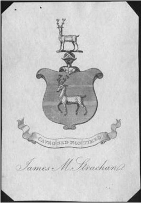 Original title:  Bookplate of James M. Strachan. From: Balfour Halévy Special Collections, Library, Osgoode Hall Law School Library. 