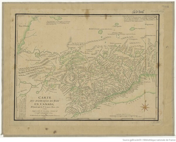 Original title:  Carte du domaine du Roy en Canada / dressée par le P. Laure, missionnaire jésuite, 1731, augmentée... et corrigée... en attendant un exemplaire complet l'automne 1732 