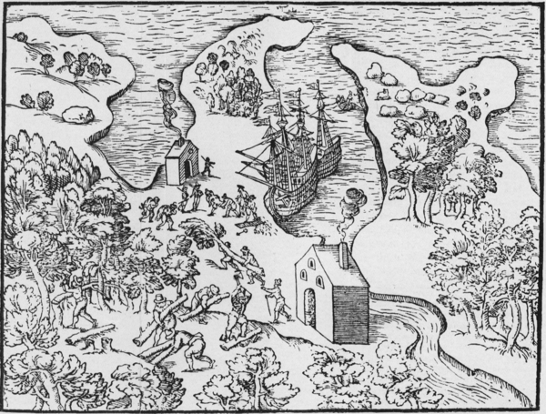 Original title:    Description Munck, Jens. [Map of Churchill Harbour 1624] [facisimle]. [1:107,712]. In: C.C.A. Gosch. The Expedition of Captain Jens Munk to Hudson's Bay in Search of a North-West Passage in 1619-20. London: Hakluyt Society, 1897. As reproduced by, Hakluyt Society, Danish Arctic Expeditions, 1605 to 1620, Book II, vol. 97. Munck's wintering place is depicted in this interesting woodcut, which combines pictorial representation of the countryside and of activities, with a stylized map of Churchill harbour. This is the first large-scale map of a Manitoba locale. Munck's two ships are anchored off their wintering place on the west side of the harbour. Two beacons are being stoked with logs cut from the nearby forests, two sailors return from the hunt with their kill over their shoulders, and one unfortunate crew member is being prepared for burial, likely one of the victims of the sc