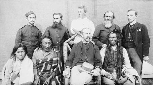 Original title:    Description Group of nine taken in the square of the North-West Mounted Police Barracks, at Regina (Saskatchewan) Poundmaker, Big Bear, Big Bear's son, Father Andre, Father Conchin, Chief Stewart, Capt. Deane, Mr. Robertson, and the Court Interpreter Date 1885(1885) Source This image is available from Library and Archives Canada under the reproduction reference number C-001872 and under the MIKAN ID number 3260668 This tag does not indicate the copyright status of the attached work. A normal copyright tag is still required. See Commons:Licensing for more information. Library and Archives Canada does not allow free use of its copyrighted works. See Category:Images from Library and Archives Canada. Author O.B. Buell Permission (Reusing this file) PD-Canada



