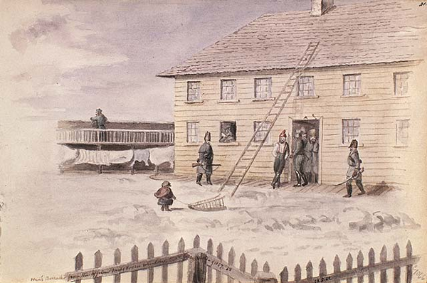 Original title:  MIKAN 2895432 : Casernes des soldats vues de la fenêtre du mess des officiers, fort Garry, hiver 1857-1858. 